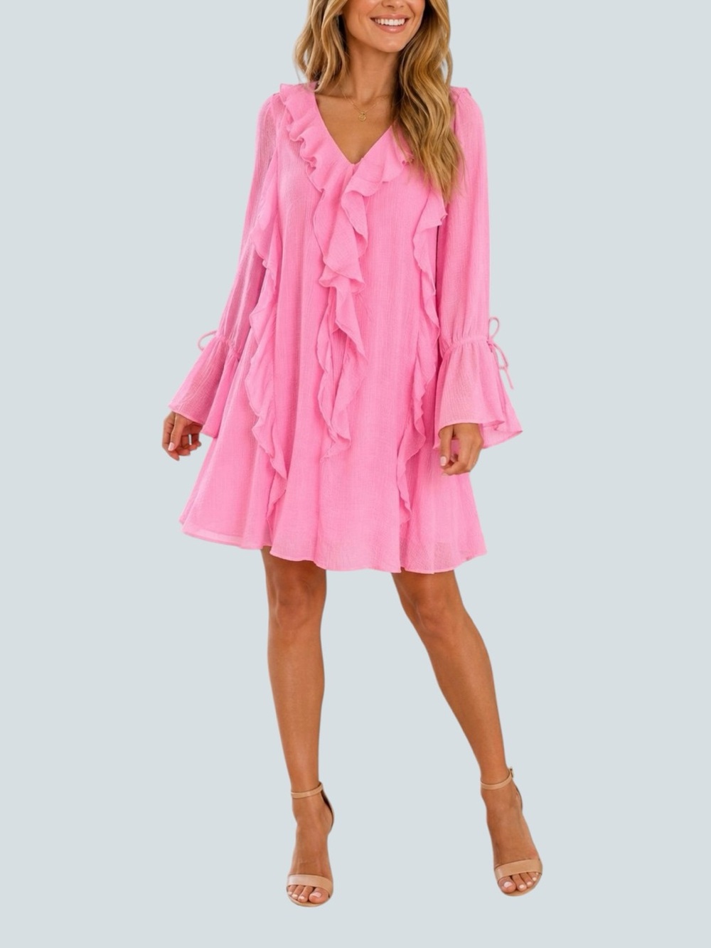 NWT Entro Ruffle V-Neck Long Bell Sleeve Crinkle Chiffon Mini Dress Size Medium